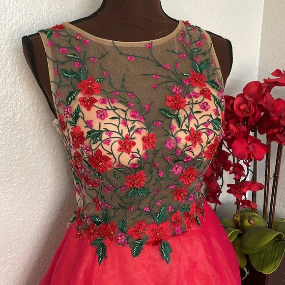 Terani Couture Floral Sheer Top Structured Skirt Prom Formal Ball Dress Gown 0